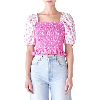 English Factory Colorblock Tulip Print Smocked Top in Pink/White at Nordstrom Rack, Size X-Small