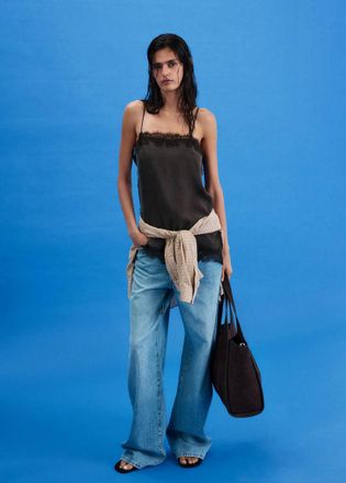 Mango Top raso pizzo marrone - Donna - S - MANGO