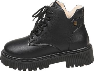 Generic UK 4.5 Womens Leather Lace up Winter Boots Combat Platform Ankle Boots Fully Faux Fur Lined Classic Round Toe Chunky Heel Lug Sole Non-Slip Mid Calf B