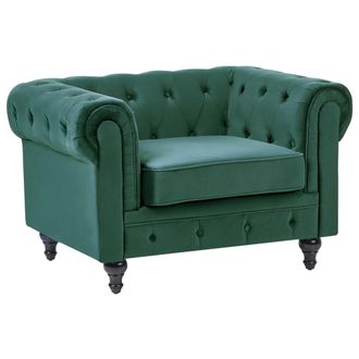 Beliani Sill&oacute;n Tapizado En Terciopelo Verde Patas De Madera Oscura Estilo Contempor&aacute;neo Chesterfield