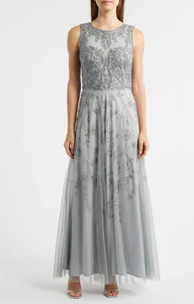 Pisarro Nights Beaded Mesh Gown with Jacket in Blue 400 at Nordstrom, Size 14