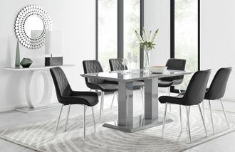 Furniturebox Imperia 6 Grey Dining Table & 6 Pesaro Silver Leg Chairs in Black