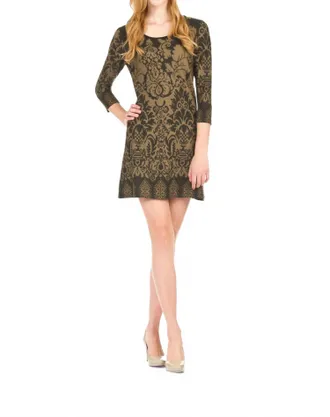 Papillon Damask Border Print 3/4 Sleeve Dress In Khaki
