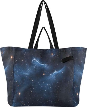 Generic Blue Space pattern Reusable Canvas Tote Bag, Heavy Duty Grocery Shopping Bag with Large Capacity Hard Bottom Double Handles Work Groceries Travel