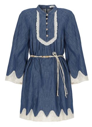 Zimmermann Denim Mini Dress with Scalloped Lace Detailing