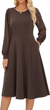 Grace Karin Ladies Business Dress Cotton Long Sleeve Midi A-Line Flowy Casual Dresses for Winter Formal Occasions Wedding Guest S Brown