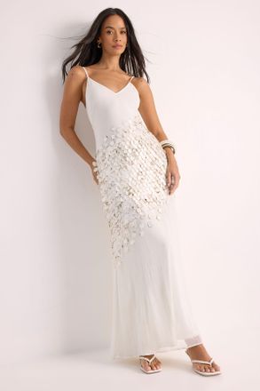 NASTY GAL Womens Chiffon Burnt Sequin Panelled Strappy Maxi Dress - White - Size 16 UK