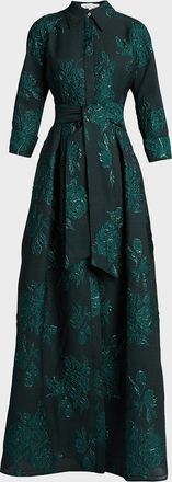 Teri Jon Belted Jacquard Shirtdress Gown