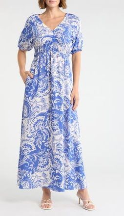 Ellen Tracy Short Sleeve Empire Waist Maxi Dress in Azure Batik Floral at Nordstrom Rack, Size X-Small
