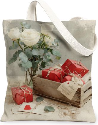 Generic Floral Canvas Tote Bags, Rose Eucalyptus Design Reusable Grocery Bags, Winter Vintage Lightweight Washable Shoulder Strap C, White, 13x15 Inch