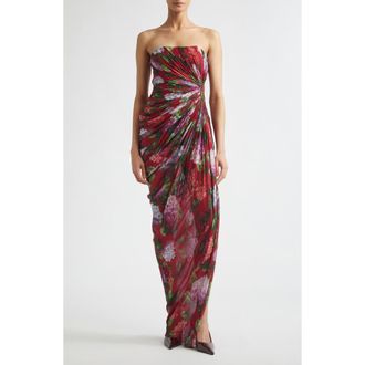Carolina Herrera Hydrangea Print Strapless Ruched Silk Chiffon Gown in Cranberry Multi at Nordstrom, Size 8