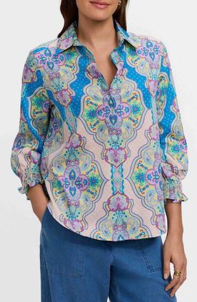Foxcroft Olivia Paisley Smocked Cuff Linen Blend Button-Up Shirt in Purple/Multi at Nordstrom, Size X-Large