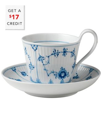 ROYAL COPENHAGEN Blue Fluted Plain High Handle Cup & Saucer With $16 Credit