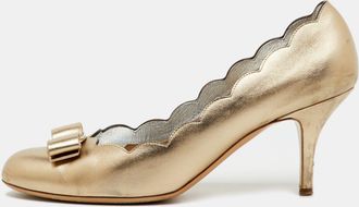 Ferragamo Metallic Gold Leather Carla Vara Bow Pumps