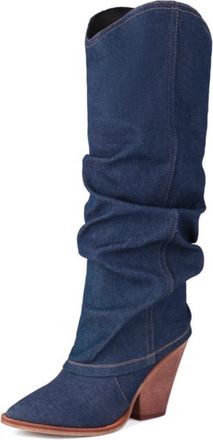 Generic Womens Slouchy Knee High Boots Pointed Toe Block Heels Denim Multi Color Comfortable Non Slip Wear Resistant Casual Streetwear Party Shoes,Dark Blue,3