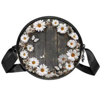 Generic Circle Crossbody Bag for Women, Wreath Wooden Board Small Sling Bag Daypack with Zipper Adjustable Shoulder Straps Casual Ladies Girls Round Purse