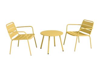 Vente-Unique Conjunto de jard&iacute;n de metal - 2 sillones bajos apilables y una mesa auxiliar - Amarillo mostaza - MIRMANDE de MYLIA