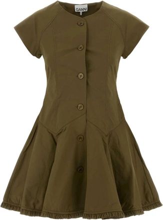 Ganni Stretch Cotton Buttoned Mini Jurk - Dames - Korte kleedjes - Groen - XS - Katoen - Kleedjes