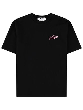 Msgm Black Logo Embroidered Cotton T-Shirt