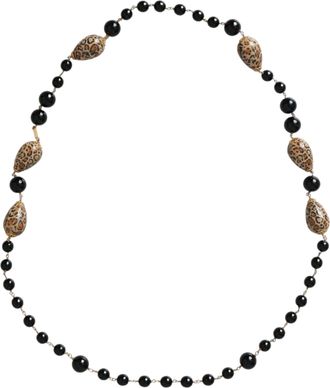 Dolce & Gabbana Gold Tone Brass Black Printed Beaded Long Chain Womens Necklace