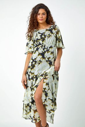 Roman Floral Chiffon Tiered Asymmetric Midi Dress