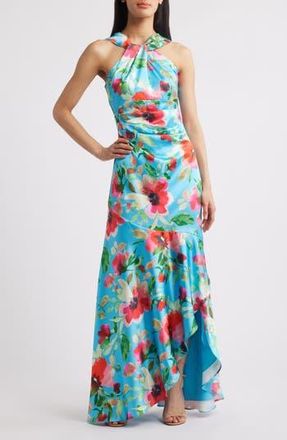 Eliza J Floral Print Twist Neck Gown in Aqua at Nordstrom Rack, Size 10