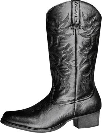 Generic o Heavy Leather Mens Embroidered High Heel Wooden Boots Western American Cowboy Boots (Black, 8.5)