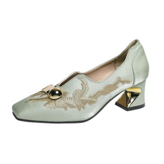 Generic Womens Square Toe Retro Pumps Shoes Embroidered Metal Design Mid Heels Slip On Casual Elegant Loafers (7.5,Green)