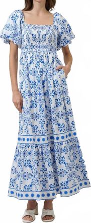 Sugarlips Veral Floral Berky Smocked Maxi Dress In White/blue
