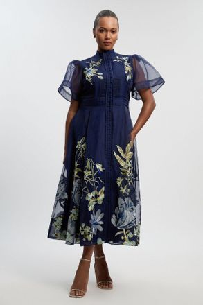 Karen Millen Womens Plus Size Botanical Embroidery Organdie Angel Sleeve Midi Dress - Navy - Size 20 UK