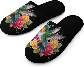 Generic Hummingbird Rose Mens Slippers Warm Non-Slip Houes Shose Spa Slipper for Home Bedroom