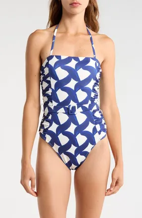 Hutch Kylah Shirred Belted One-Piece Swimsuit in Ivory/blue at Nordstrom, Size Xx-Small