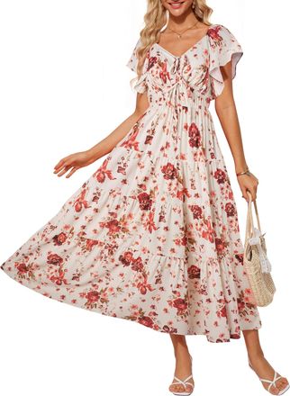 Grace Karin Women Elegant Floral Maxi Dress Ruffle Sleeve V Neck Summer Dress Casual Boho Dresses Beige Rose S