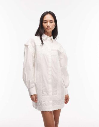 Asos Vestito camicia corto in popeline bianco con finiture in pizzo