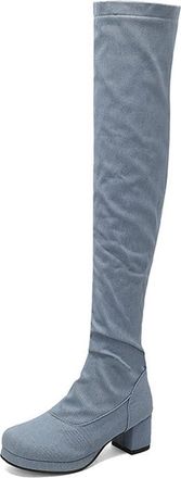 Generic Womens Fashion Denim Over The Knee Boots with Zipper Comfort Round Toe Block Heel Warm Winter Shoes (7.5,Light Blue)