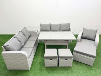 Fimous 10 Seater Poly Rattan Outdoor Garden Furniture Rectangular Dining Table Sofa Set Patio 3 Seater Sofa Reclining Chair 3 Seater Sofa 3 Stools