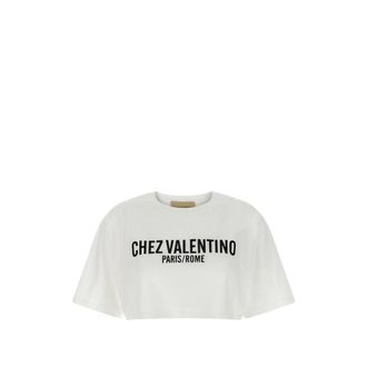Valentino T-Shirts, female, Beige, Size: XS Print Crew Neck Cropped T-Shirt