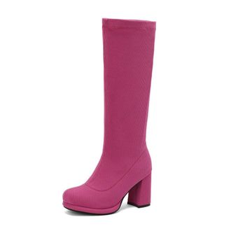 Generic Womens Block High Heel Platform Long Boots Round Toe Knee High Boots Pull on Casual Boot,Fuchsia,2.5 UK