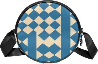 Generic Circle Crossbody Bag for Women, Blue Retro Plaid Small Sling Bag Daypack with Zipper Adjustable Shoulder Straps Casual Ladies Girls Round Purse