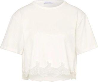 Patrizia Pepe Cropped T-shirt met Kant - Dames - T-shirts - Wit - L - Katoen - Tops