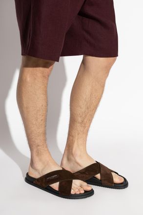 Dolce & Gabbana Suede Slides With Logo Patch, Mens, Brown