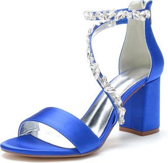 Generic Womens Rhinestones Bridal Heels 8Cm Chunky Block Heels Ankle Strap Wedding Party Prom Dressy Sandals with Back Zipper,Blue,10 UK