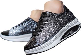 Generic Womens Fashionable Lace Up Glitter Casual Footwear Comfortable Daily Sneakers with Elegant Temperament Design (Black, 4.5)