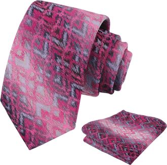 Alizeal Mens 8cm Irregular Patterned Necktie Novelty Party Wedding Business Tie and Hanky Set, Magenta