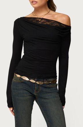 Edikted Layered Lacey Off the Shoulder Top in Black at Nordstrom, Size X-Large