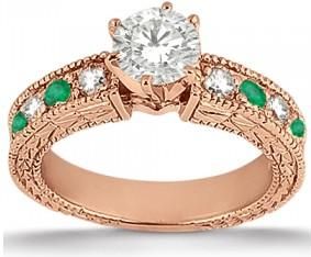 Allurez Antique Diamond & Emerald Engagement Ring 18k Rose Gold (0.72ct)