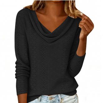 Generic Ladies Elegant Tops UK 2026 Fashion Long Sleeve Cowl Neck Shirts Spring Summer Sexy Hollow Out Eyelet Blouse Dressy Casual Solid Color Loose Fit T-Shi