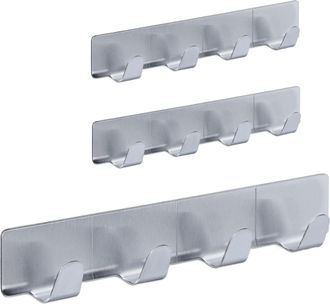 Relaxdays Relaxdays Percheros Autoadhesivos 4 Ganchos, Set De 3, Acero Inoxidable, Ba&ntilde;o Y Cocina, 16 Cm, Colgador Llaves, Plateado