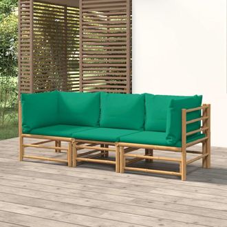 vidaXL 3 Piece Patio Lounge Set with Green Cushions Bamboo