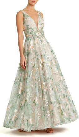 Mac Duggal Floral Embroidered Illusion V-Neck Gown in Cream Multi at Nordstrom, Size 14